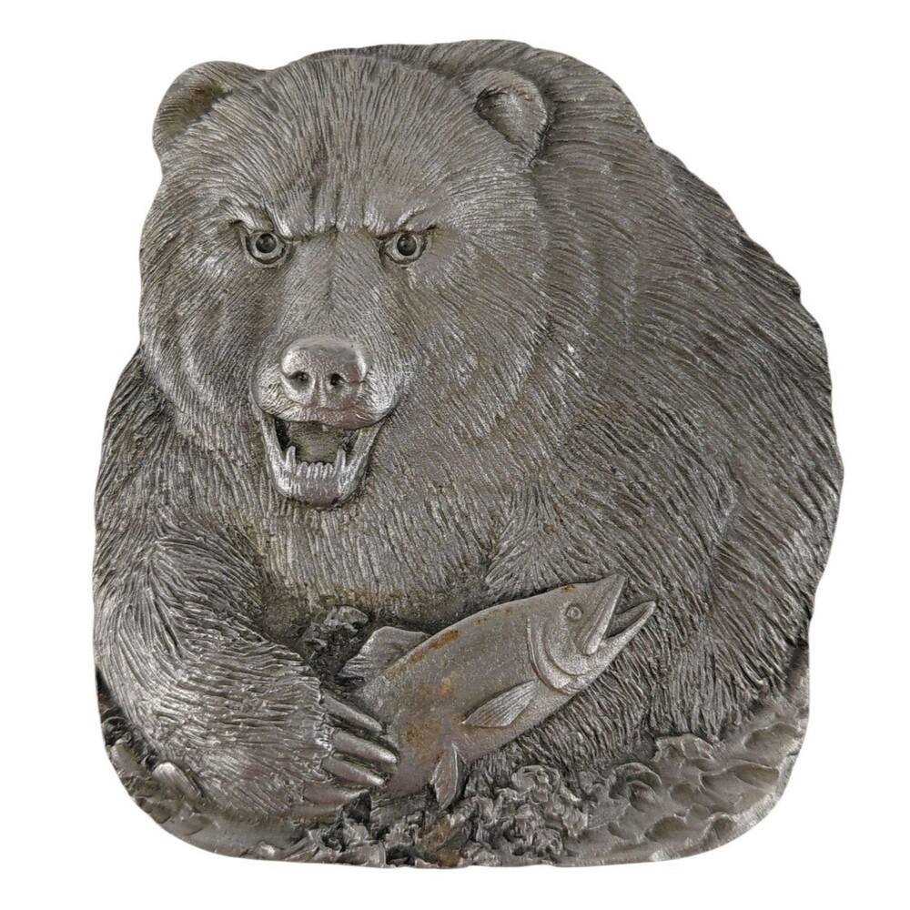 BERGAMOT Brass Works Bear Fish Belt Buckle Trout Fishing Silver Tone 1978